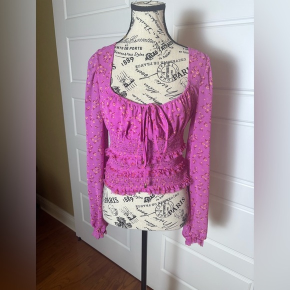 Free People Lolita Smocked Top Floral PINK - SIZE XS - Picture 4 of 9